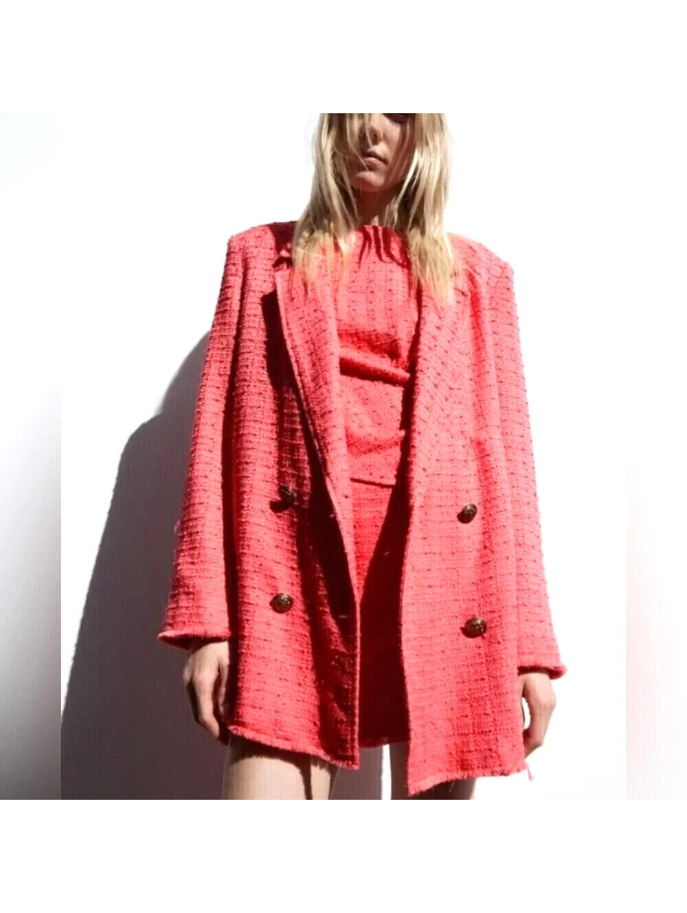 Zara Double Breasted Blazer Jacket Boucle Tweed Gold Buttons Coral Pink Size S